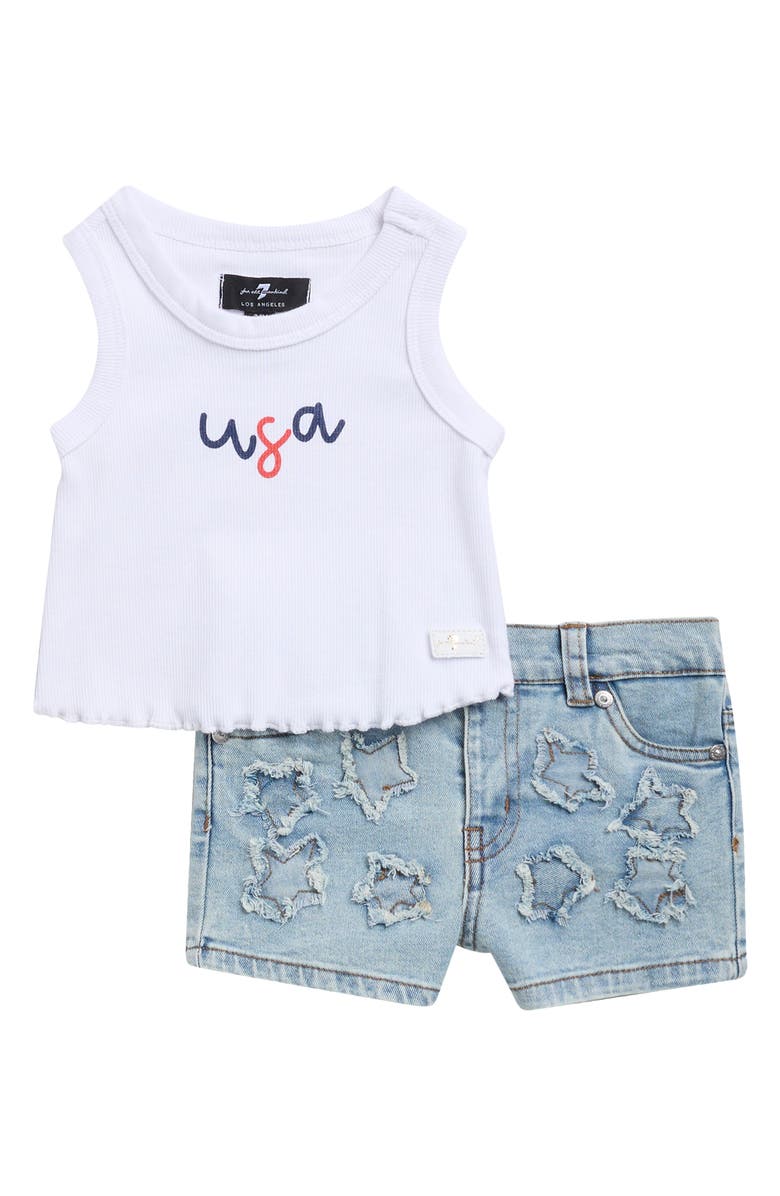 7 For All Mankind Lettuce Edge Tank & Star Appliqué Shorts Set, Main, color, Bright White