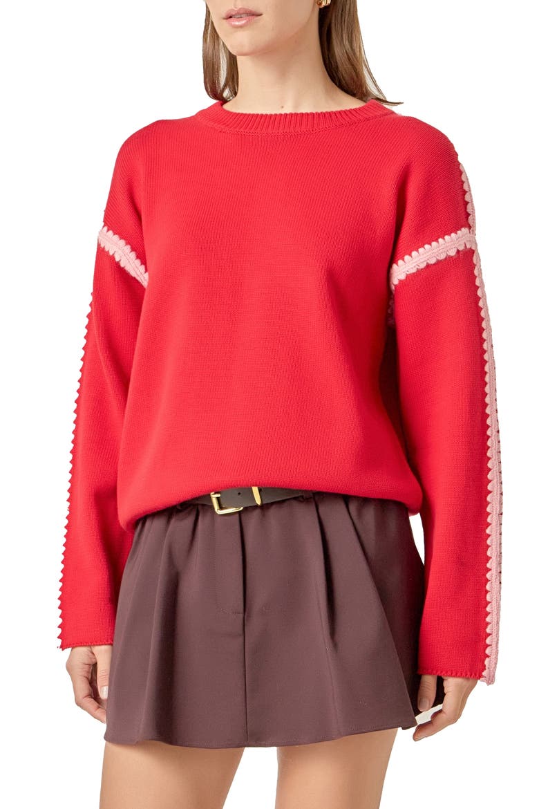 Stitch Detail Relaxed Fit Cotton Sweater, Alternate, color, RED/ PINK