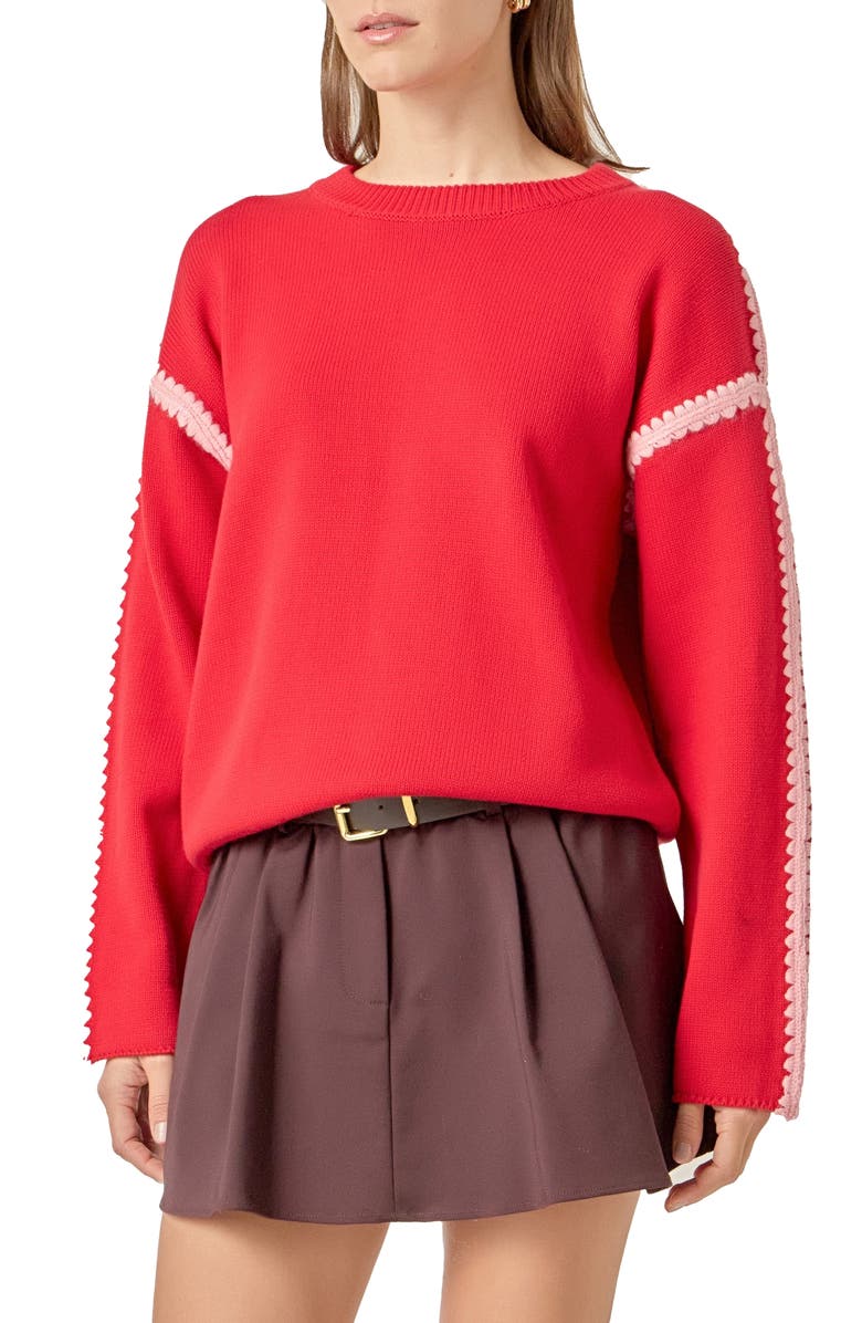 English Factory Stitch Detail Relaxed Fit Cotton Sweater, Alternate, color, Red/ Pink