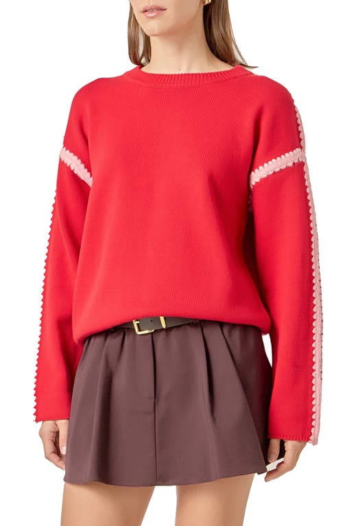 English Factory Stitch Detail Relaxed Fit Cotton Sweater In Red