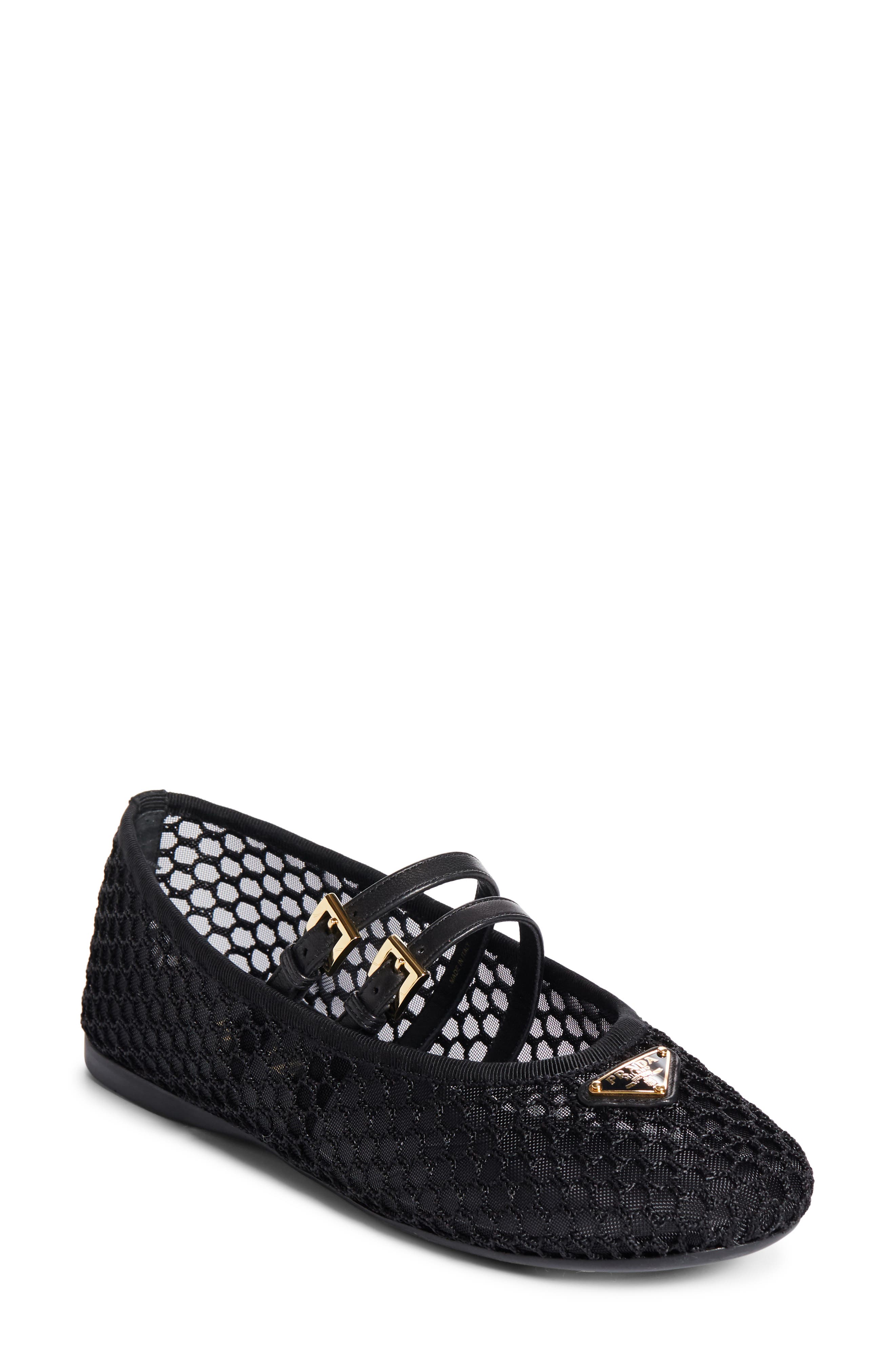 Prada Ballerine Mesh Mary Jane Flat, Main, color, Nero