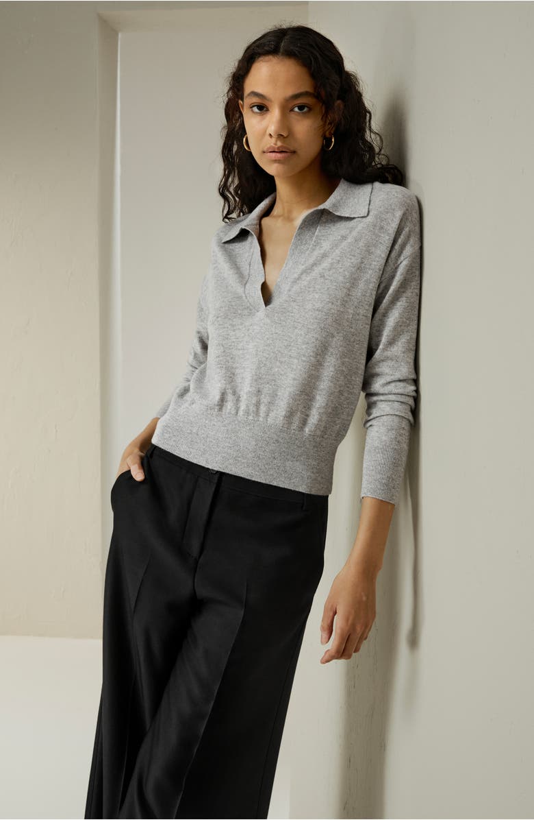 Lilysilk Women's V Neck Cashmere Polo Sweater, Alternate, color, Light Gray