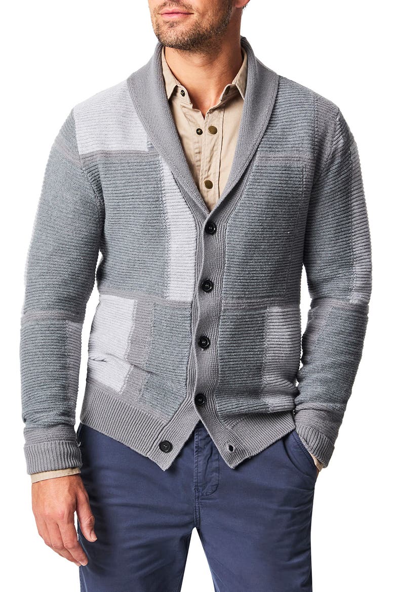 Patchwork Intarsia Wool & Cotton Shawl Collar Cardigan, Main, color, WASHED GREY MELANGE MULTI