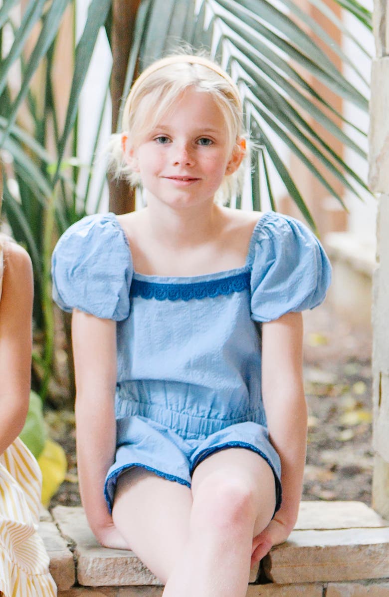 Hope & Henry Kids' Organic Puff Sleeve Seersucker Romper, Alternate, color, Bluebell