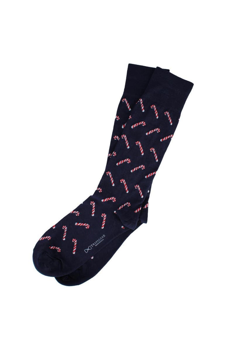 Trafalgar Candy Cane Lane Novelty Mid Calf Mercerized Cotton Socks, Alternate, color, Navy Blue