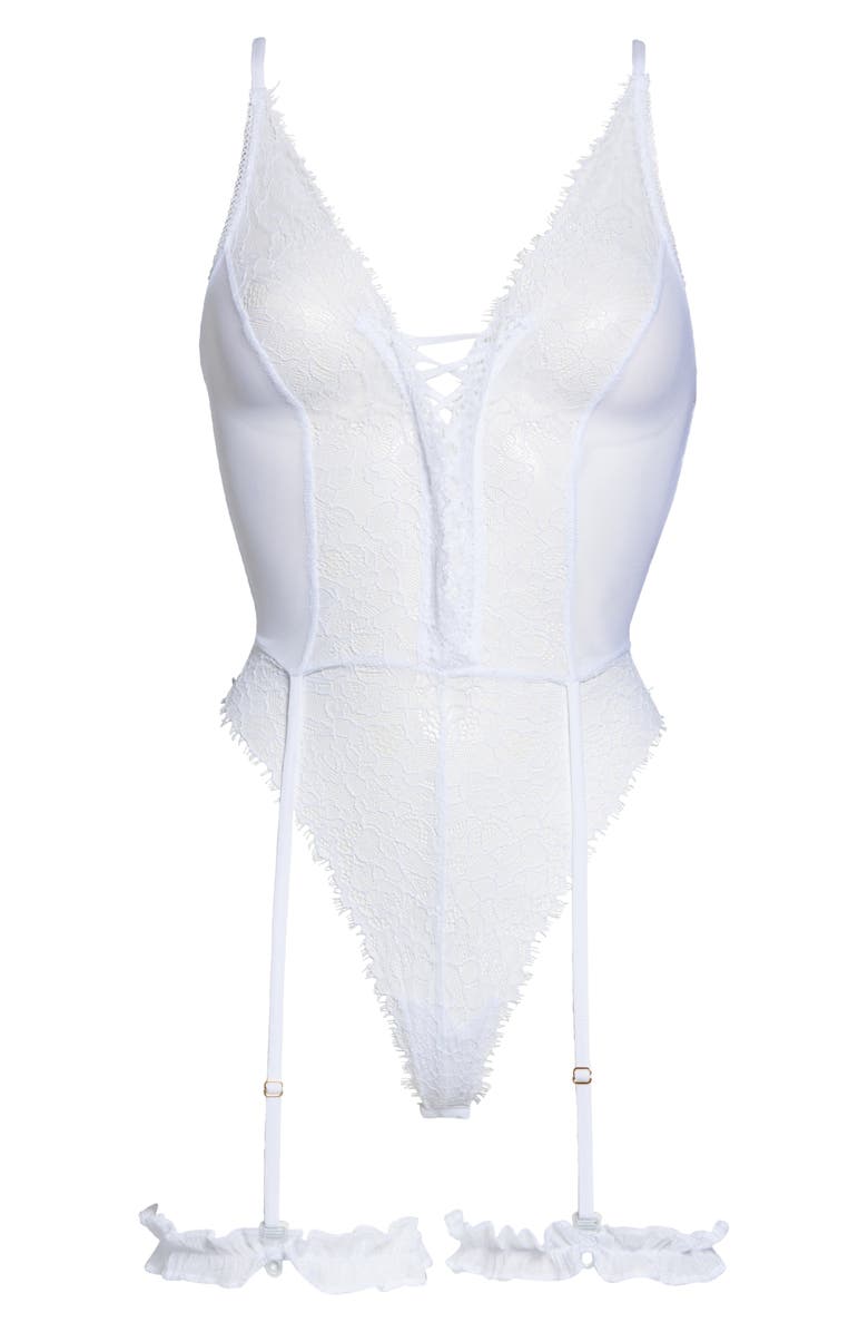 Mapale Strappy Lace Teddy with Garter Straps, Alternate, color,