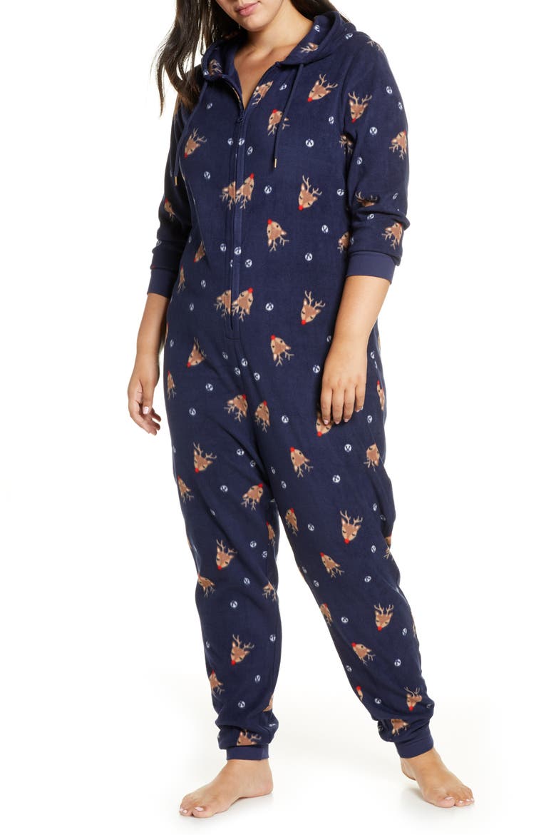 Microfleece Sleep Romper, Main, color, NAVY PEACOAT HOLIDAY FESTIVE