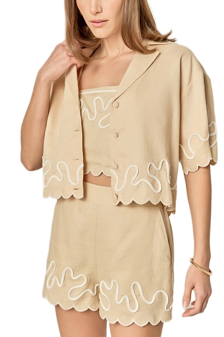 Wavy Embroidered Crop Linen Shirt, Alternate, color, BEIGE/ OFF WHITE