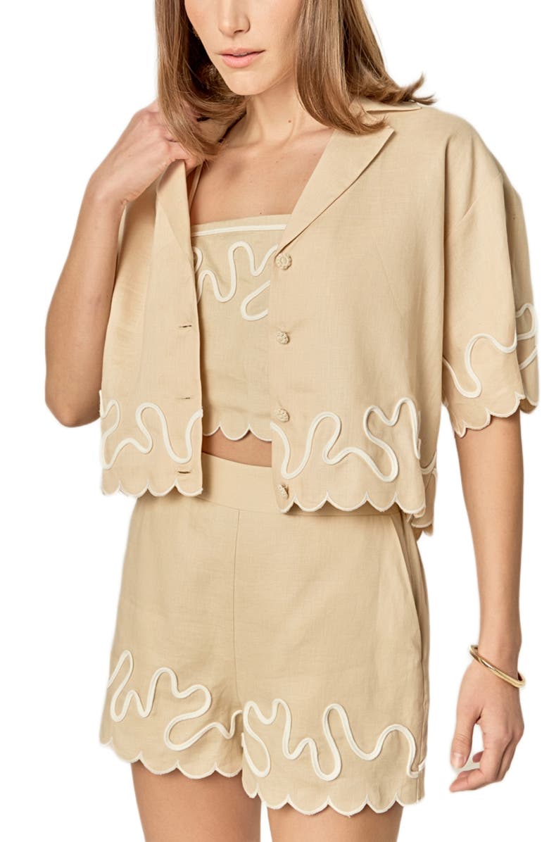 English Factory Wavy Embroidered Crop Linen Shirt, Alternate, color, Beige/ Off White