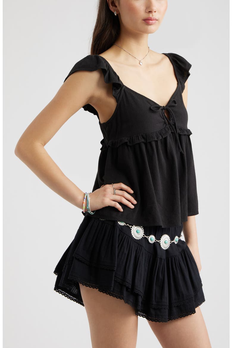 Tie Front Flutter Sleeve Babydoll Top, Alternate, color, BLACK