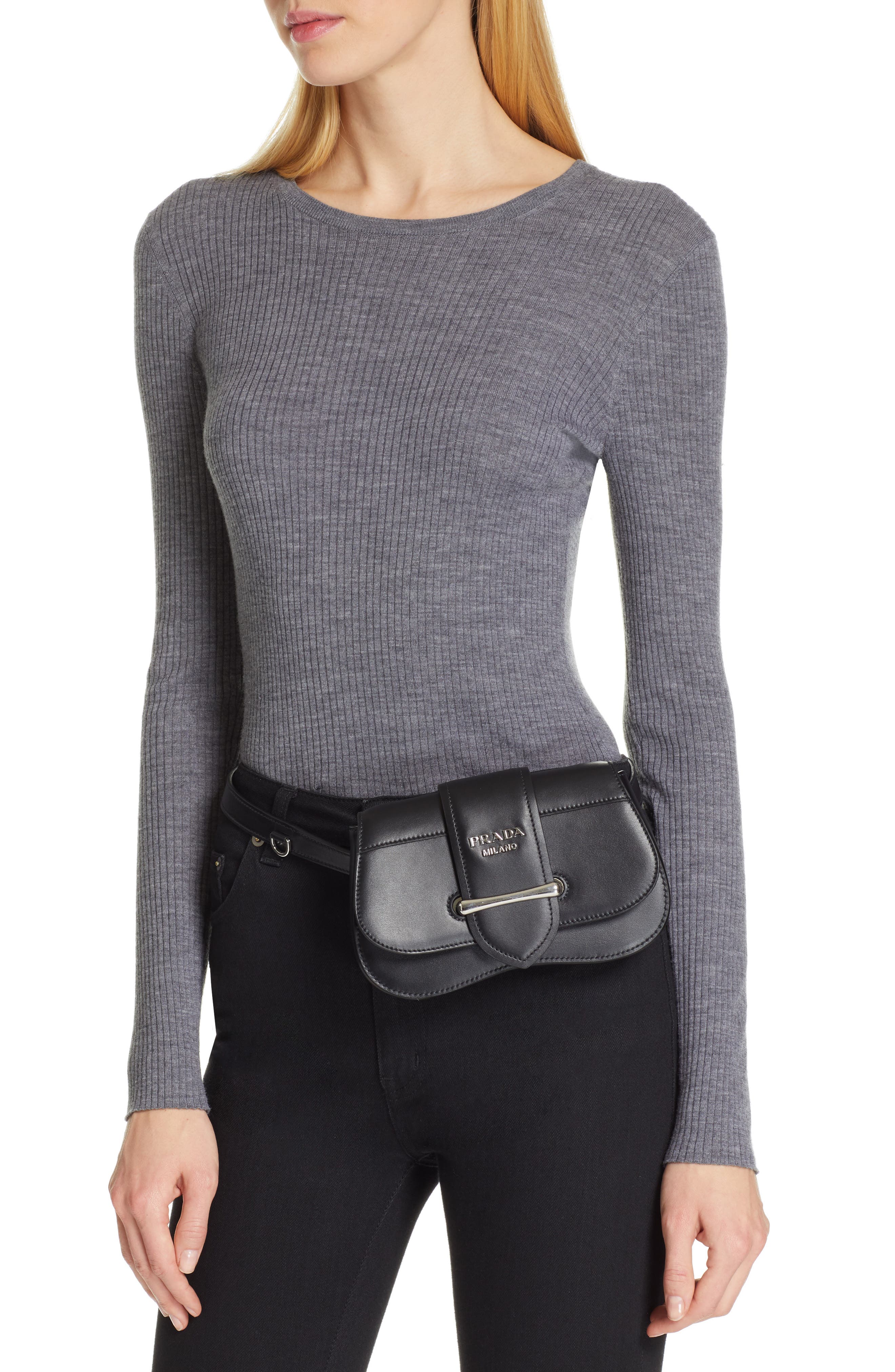 Convertible Calfskin Leather Belt Bag, Alternate, color, NERO
