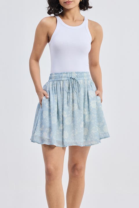 Drawstring Short Skirt in Blue Florals