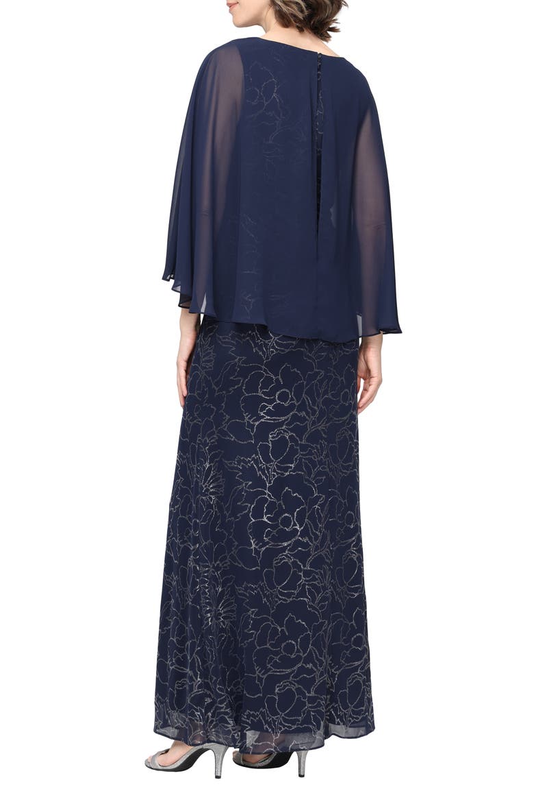 Cape Sleeve Floral Glitter Mesh Gown, Alternate, color, NAVY/ SILVER