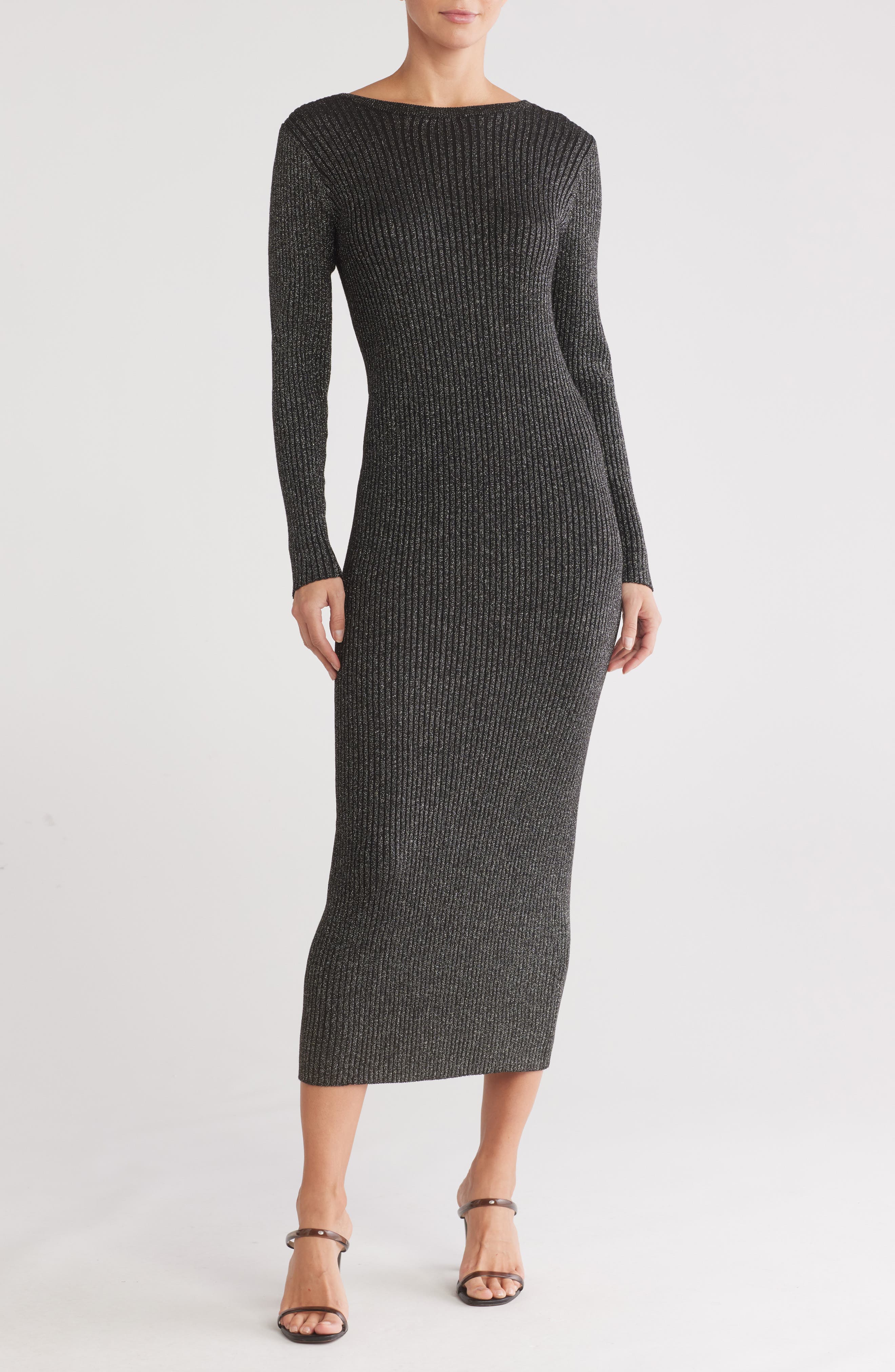 ICHI Crossback Shimmer Long Sleeve Sweater Dress