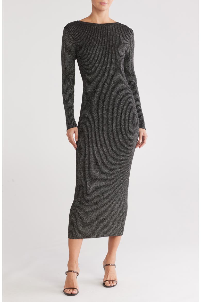 Crossback Shimmer Long Sleeve Sweater Dress, Main, color, BLACK