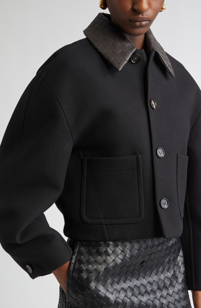 Bottega Veneta Curved Sleeve Crop Jacket with Intrecciato Leather Collar, Alternate, color, 