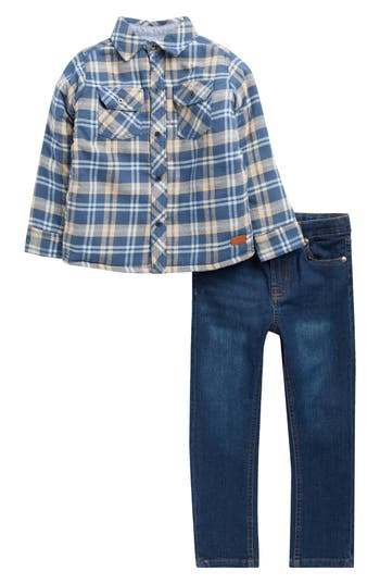 7 For All Mankind Kids' Plaid Button-up Shirt & Jeans Set In Blue