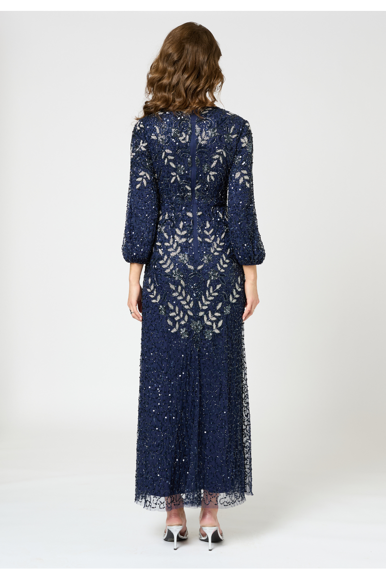 Embellished Sequin Beaded Maxi Dress With Sleeves, Alternate, color, MID NIGHT BLUE