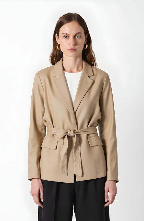 Modenaire Tailored Belted Blazer With Notch Lapels And Flap Pockets In Neutral