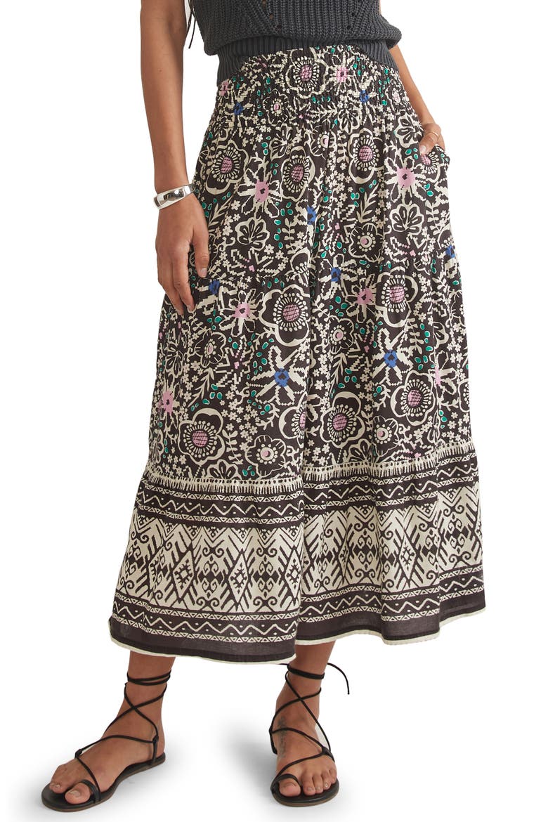 Floral Smocked Midi Skirt, Main, color, BLACK FLORAL