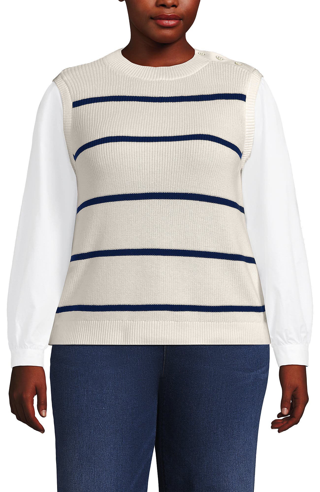 Plus Size Drifter Shaker Button Shoulder Sweater Vest with Poplin Sleeves