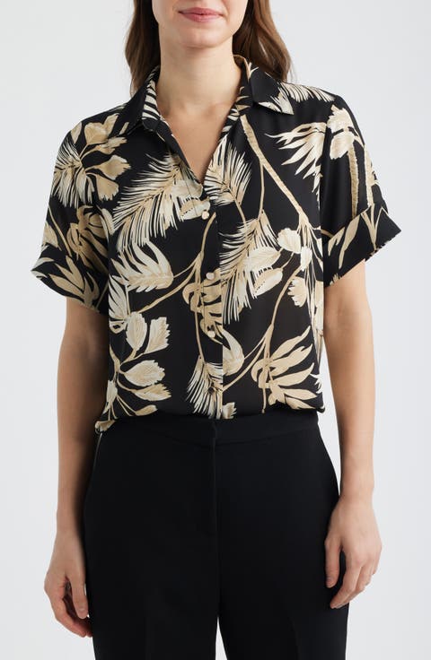 Floral Print Short Sleeve Button-Up Shirt (Petite)