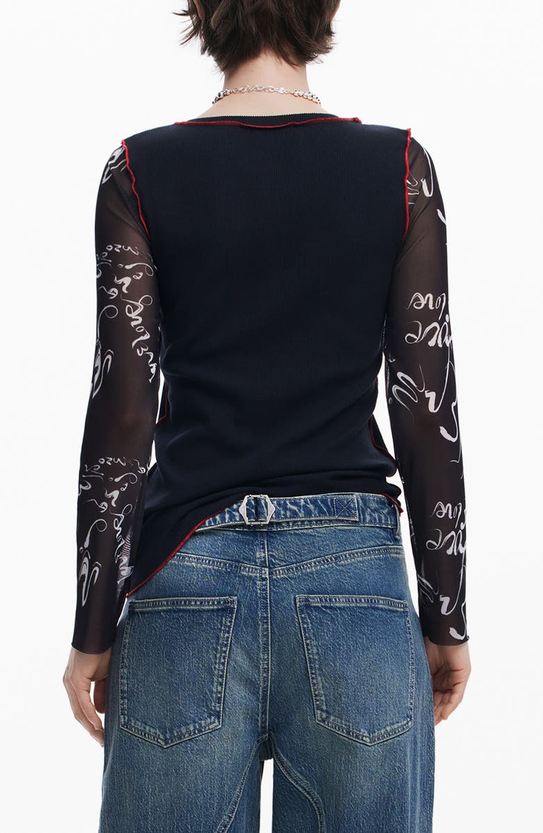 Desigual Floral Jacquard Bell Sleeve Top, Alternate, color, 