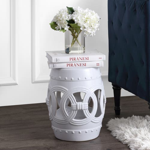 Jonathan Y Lucky Coins 16" Chinese Ceramic Drum Garden Stool In White