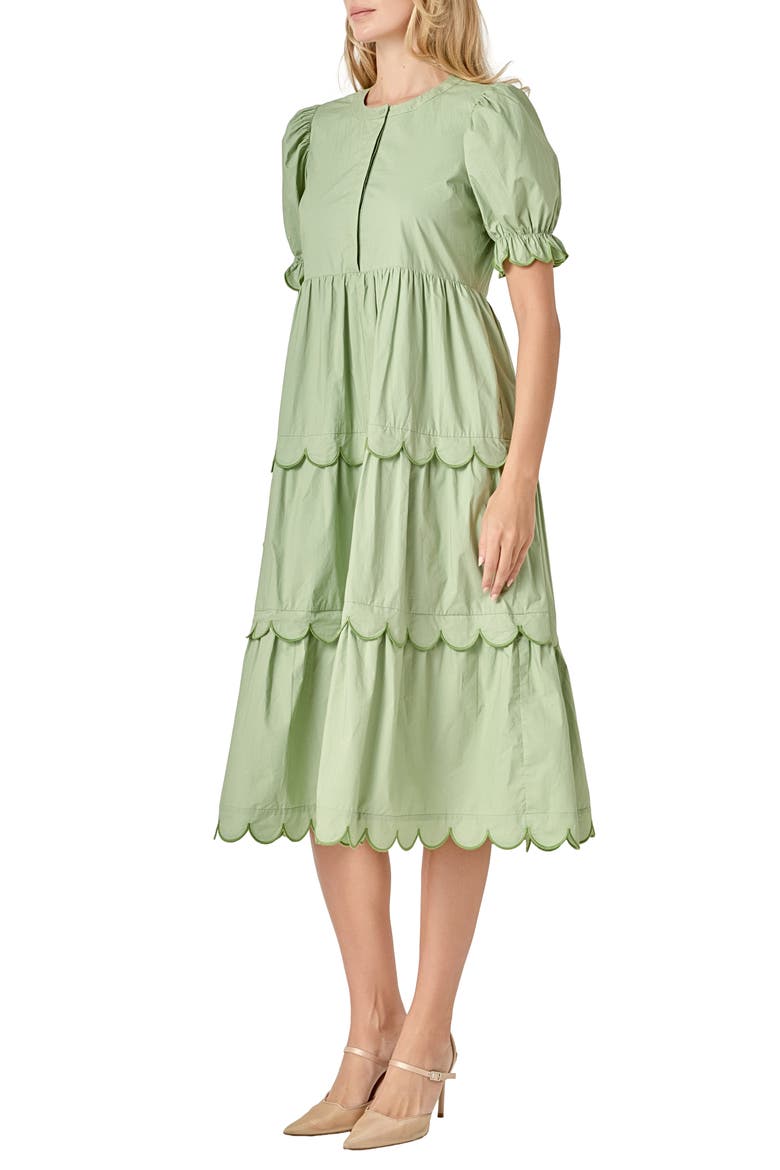 Contrast Scalloped Trim Cotton Midi Dress, Alternate, color, SAGE/ GREEN