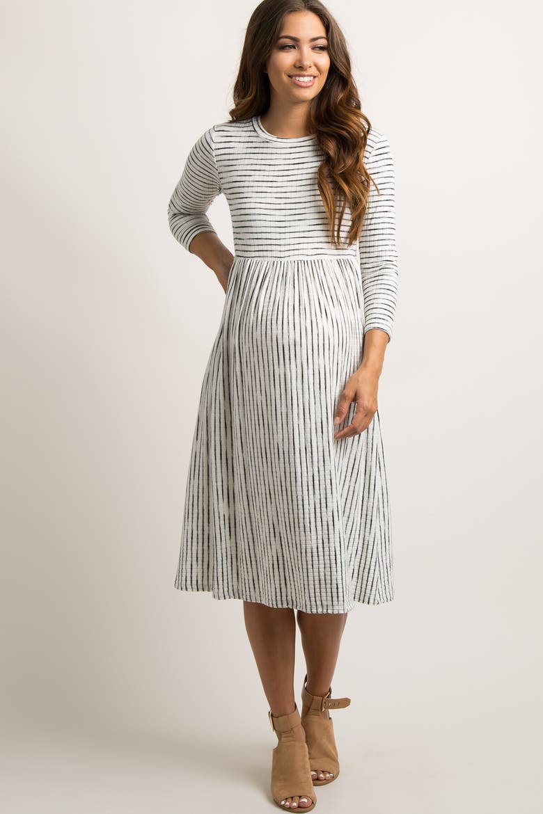 Ribbed Striped Pleated Midi Dress, Main, color, Ivory