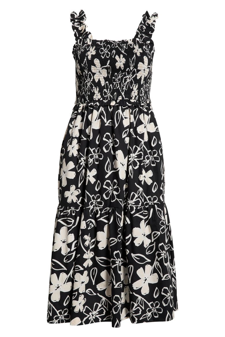 Kianza Floral Ember Smocked Midi Dress, Alternate, color, BLACK-WHITE