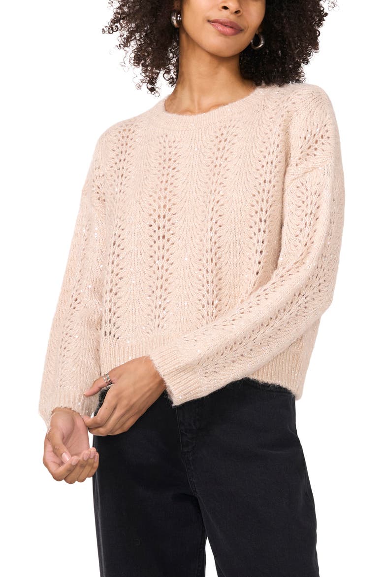 Sequin Pointelle Sweater, Main, color, CHAMPAGNE/ SILVER