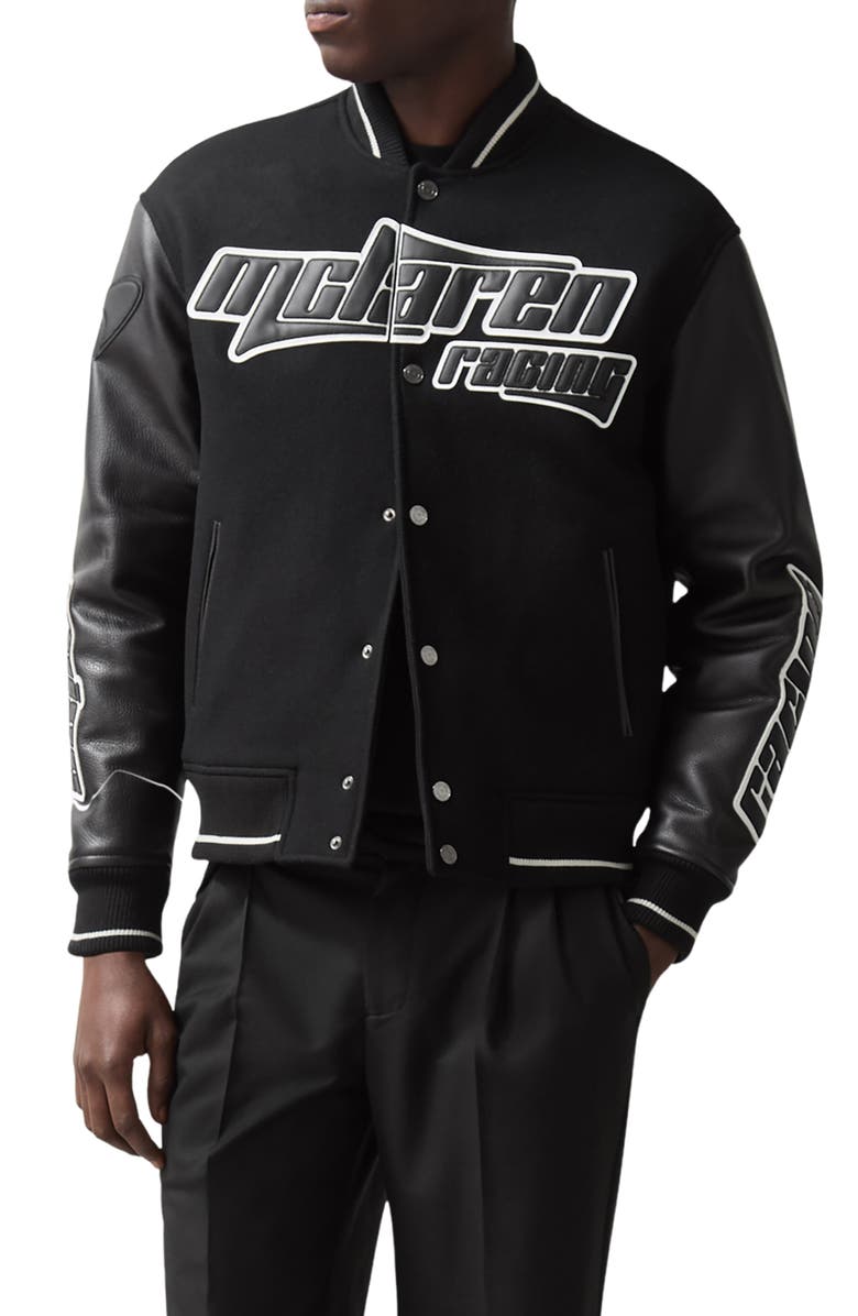 Reiss x McLaren Circuit Leather Trim Wool Blend Bomber Jacket, Main, color, Black