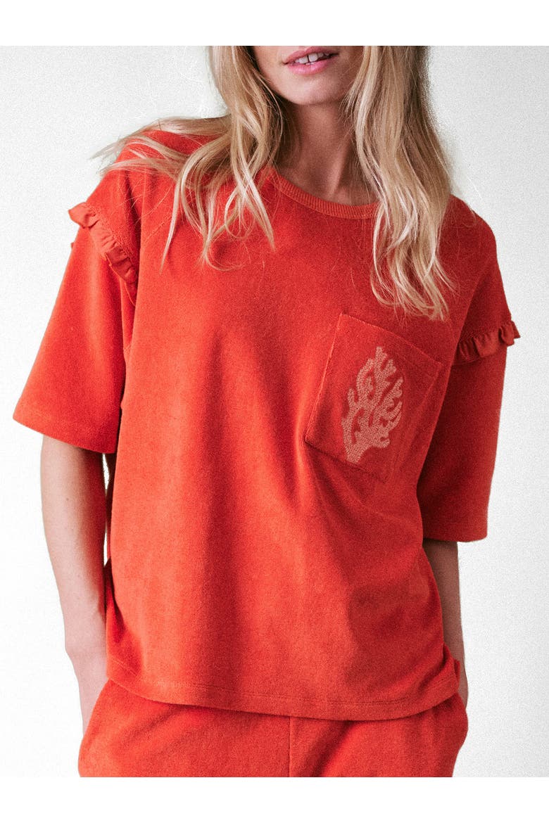 Sea Coral Terry Frill Top, Main, color, Burnt Orange