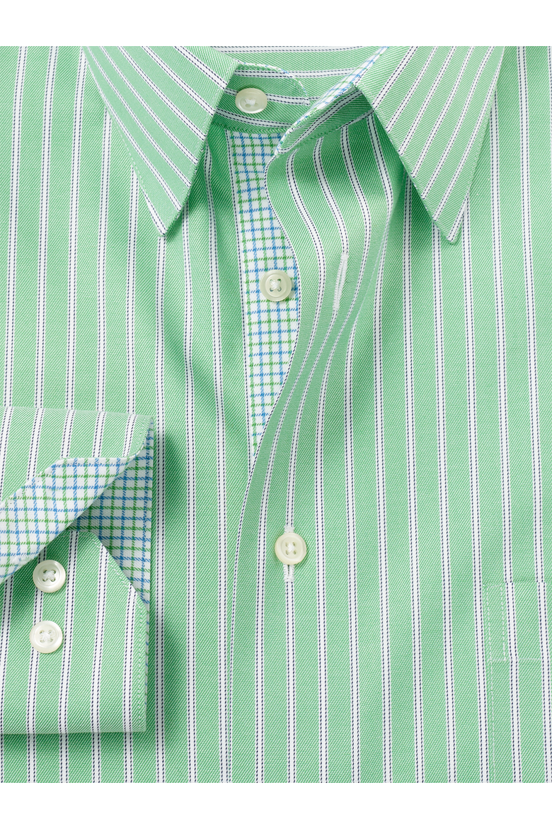 Cotton Poly Spandex Point Collar Twill Slim Contrast Trim Button Cuff Long Sleeve, Alternate, color, Green