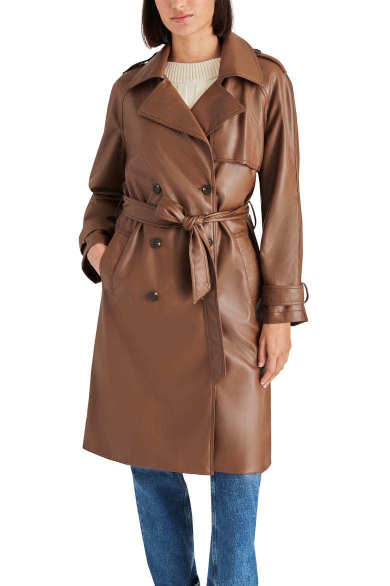 Ilia Faux Leather Trench Coat, Alternate, color, DARK BROWN
