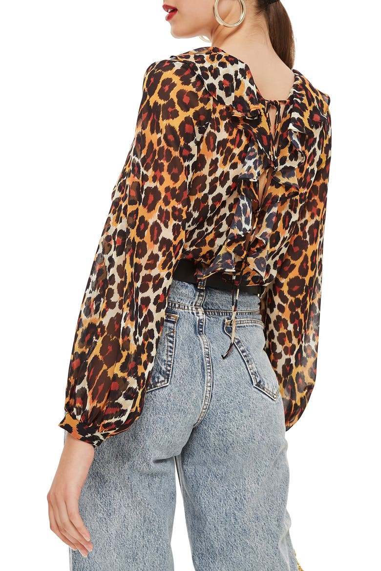 Leopard Print Ruffle Blouse, Alternate, color, BROWN MULTI