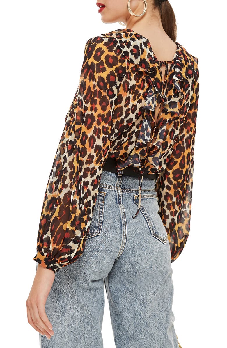 Topshop Leopard Print Ruffle Blouse, Alternate, color, 