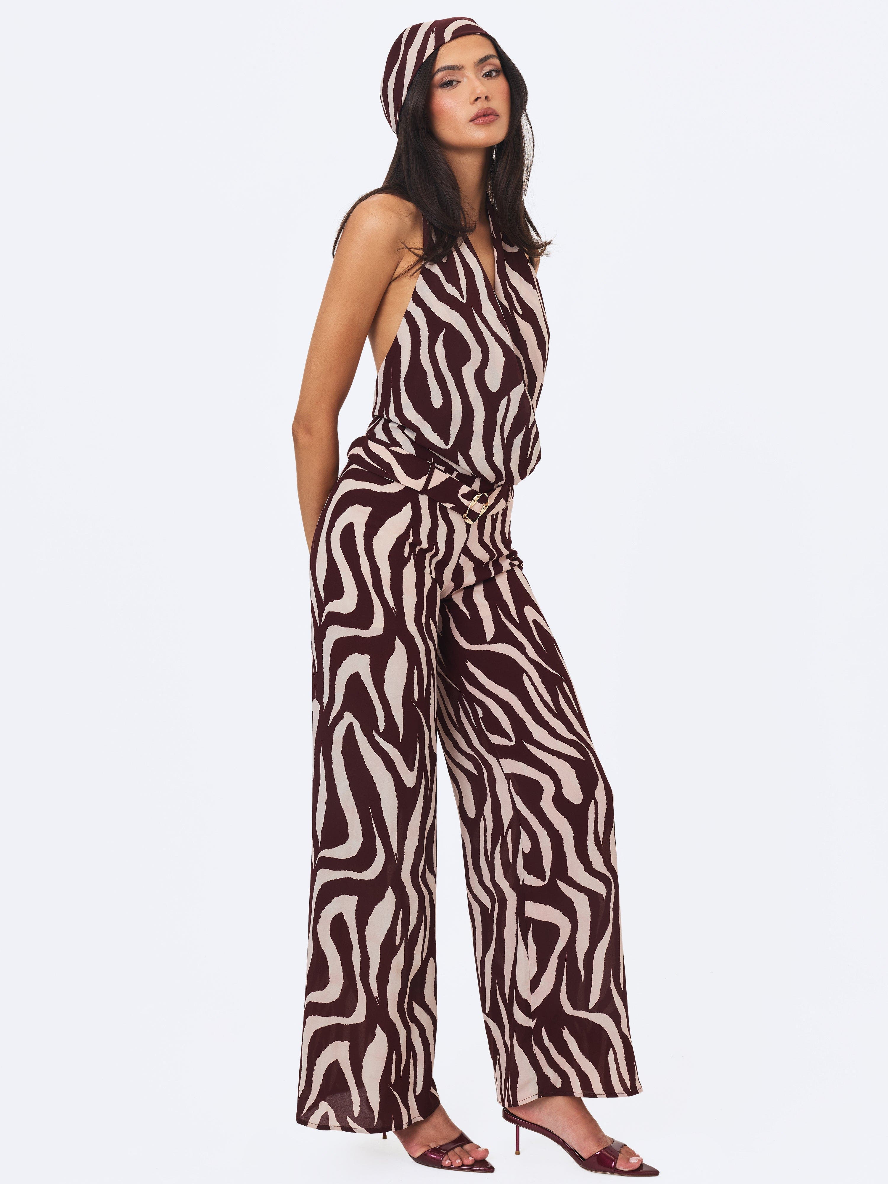Miss Circle Ashlyn Abstract Zebra Print Belted Halter Jumpsuit (Women ...