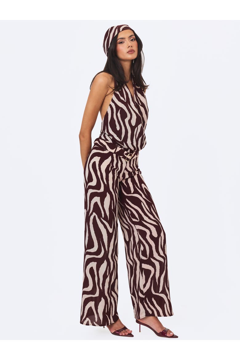 Ashlyn Abstract Zebra Print Belted Halter Jumpsuit, Alternate, color, Burgundy