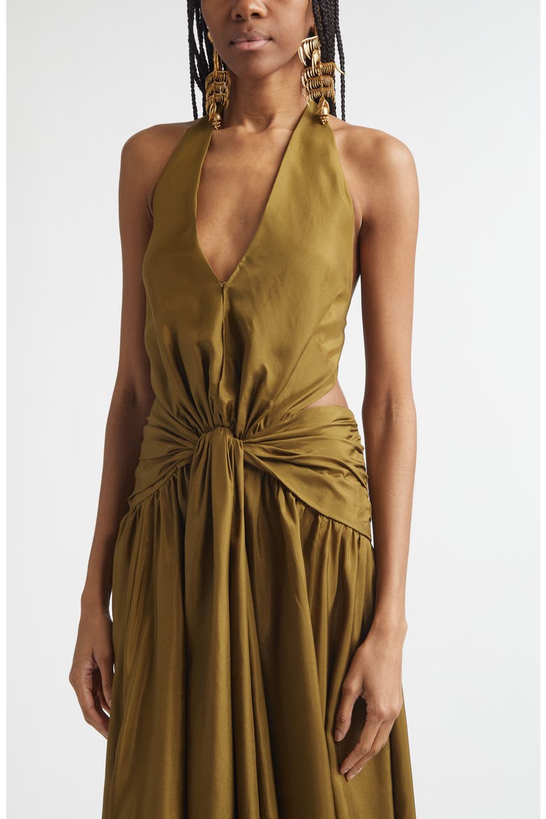 Indra Plunge Halter Silk Maxi Dress, Alternate, color, OLIVE