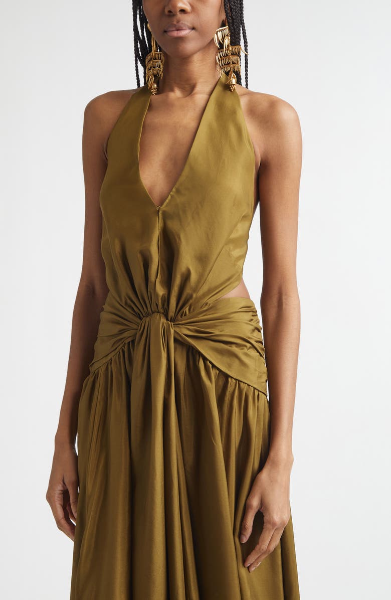 Zimmermann Indra Plunge Halter Silk Maxi Dress, Alternate, color, Olive