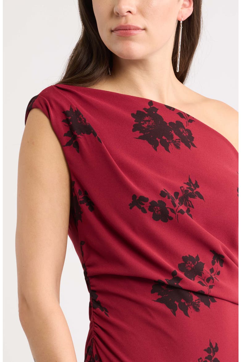 Cascading Ruffle Crepe One-Shoulder Gown, Alternate, color, RED BROWN BRITNEY FLORAL