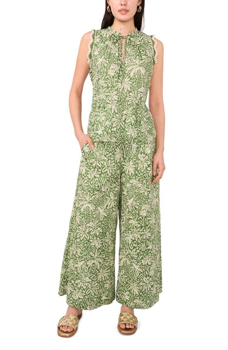 Vince Camuto Palm Print Wide Leg Cotton Pants, Alternate, color, Olive