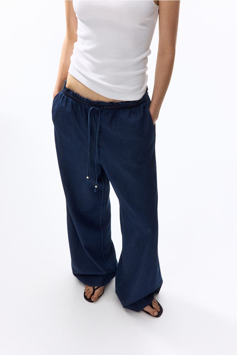 Tie-belt Wide Paper Bag Trousers, Alternate, color, Darker blue denim