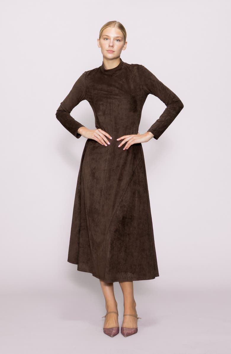 MELLODAY Long Sleeve Faux Suede A-Line Dress, Alternate, color, Deep Brown