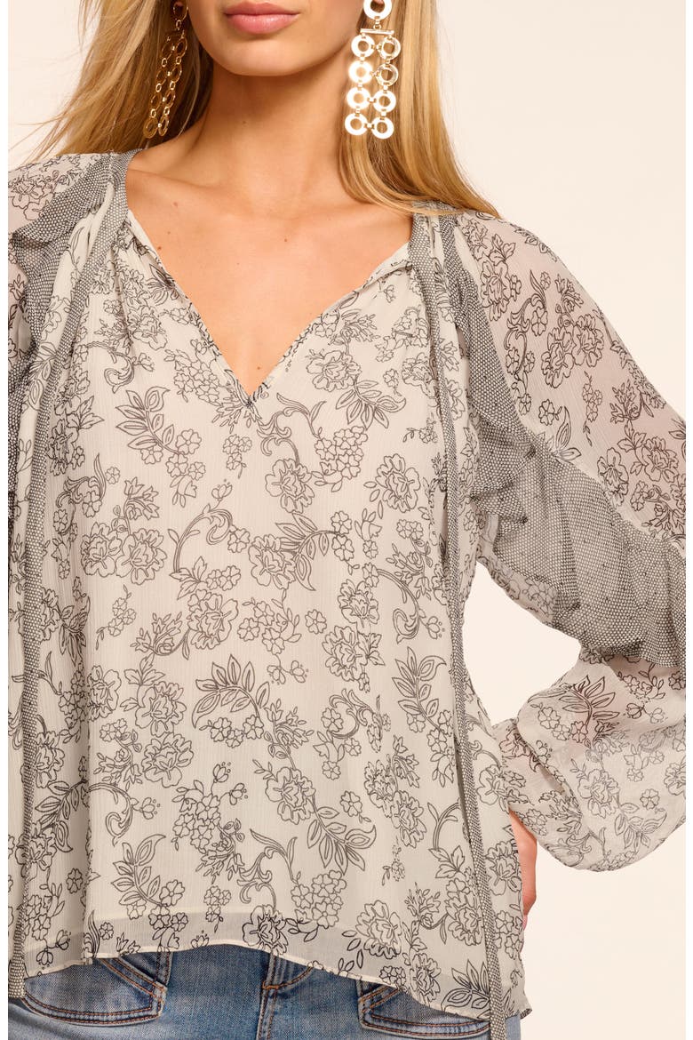 Emily Ruffle Tie Neck Silk Top, Alternate, color, BONE/ BLACK FLORAL