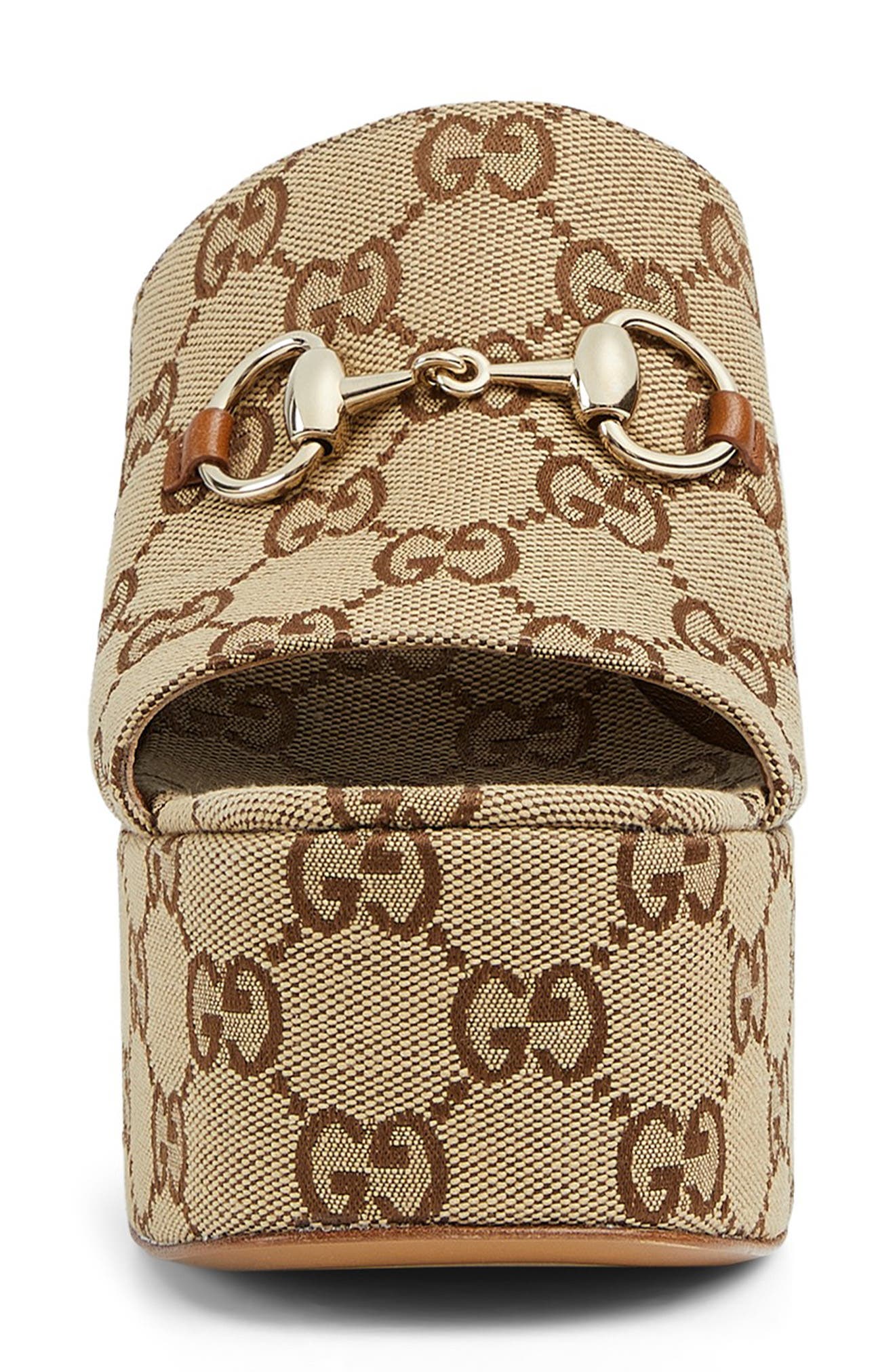 Gucci Carmen Horsebit Platform Wedge Sandal, Alternate, color, Brown