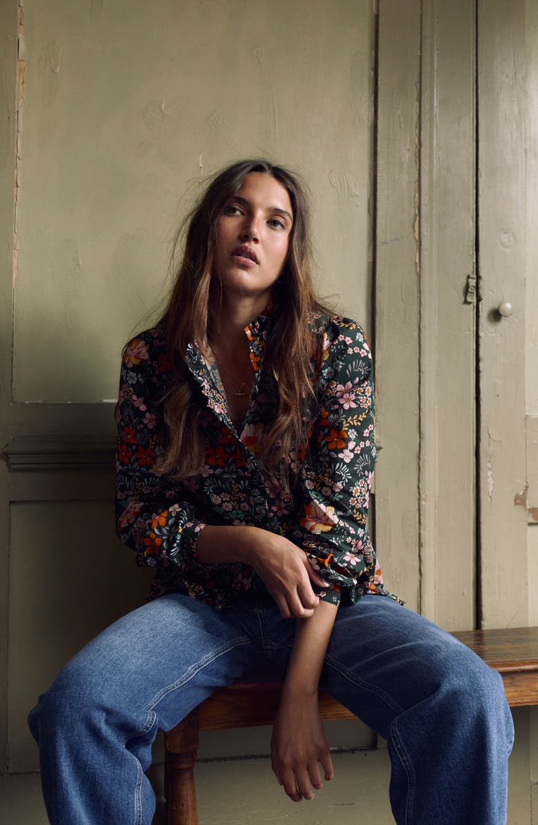 Boden Helena Floral Cotton Button-Up Shirt, Alternate, color, Green Flrishing Garden