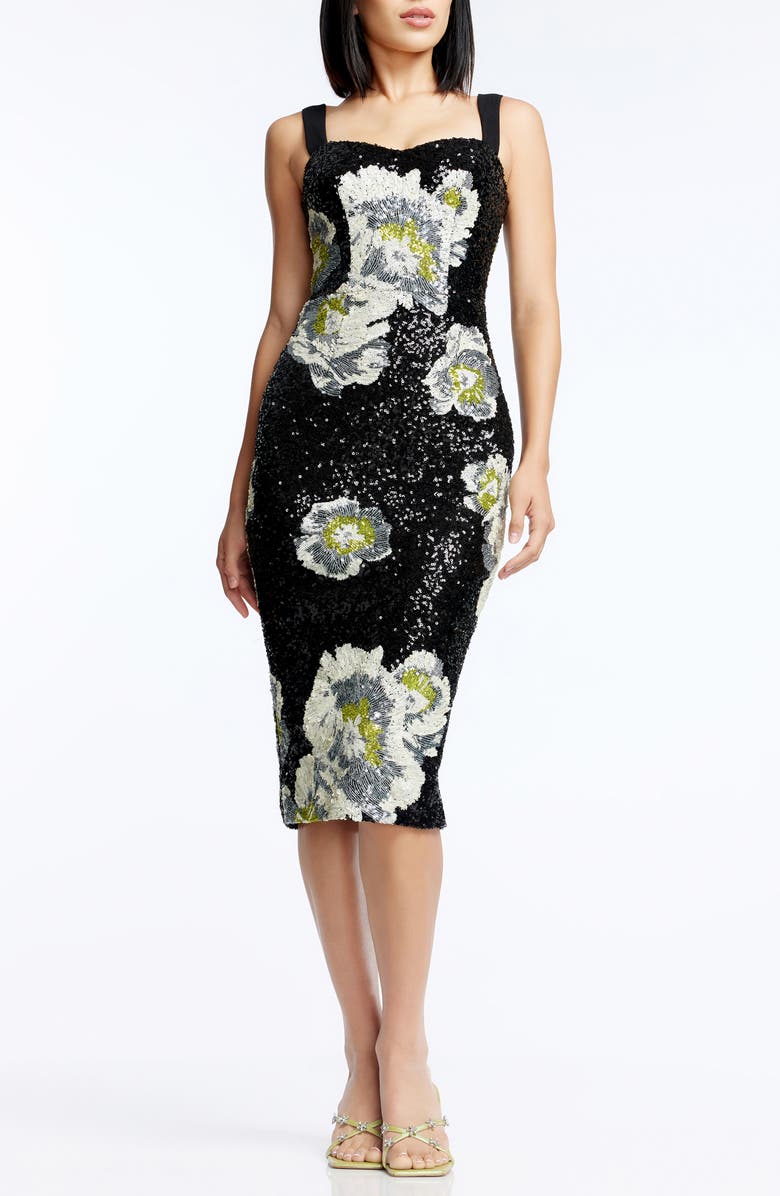 Dress the Population Nicole Sequin Floral Cocktail Sheath Dress, Main, color, Black Multi